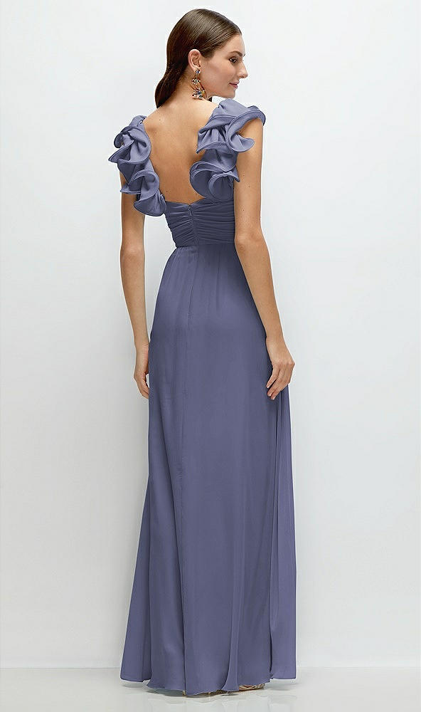 Back View - French Blue Dramatic Ruffle Edge Strap Chiffon Maxi Dress