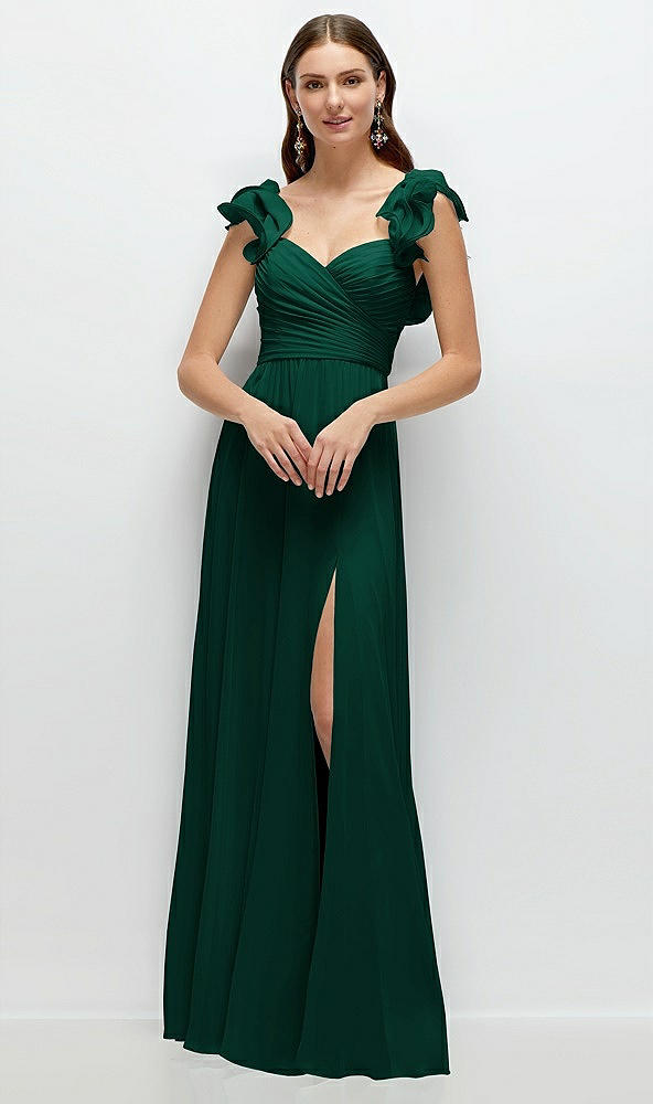 Front View - Hunter Green Dramatic Ruffle Edge Strap Chiffon Maxi Dress