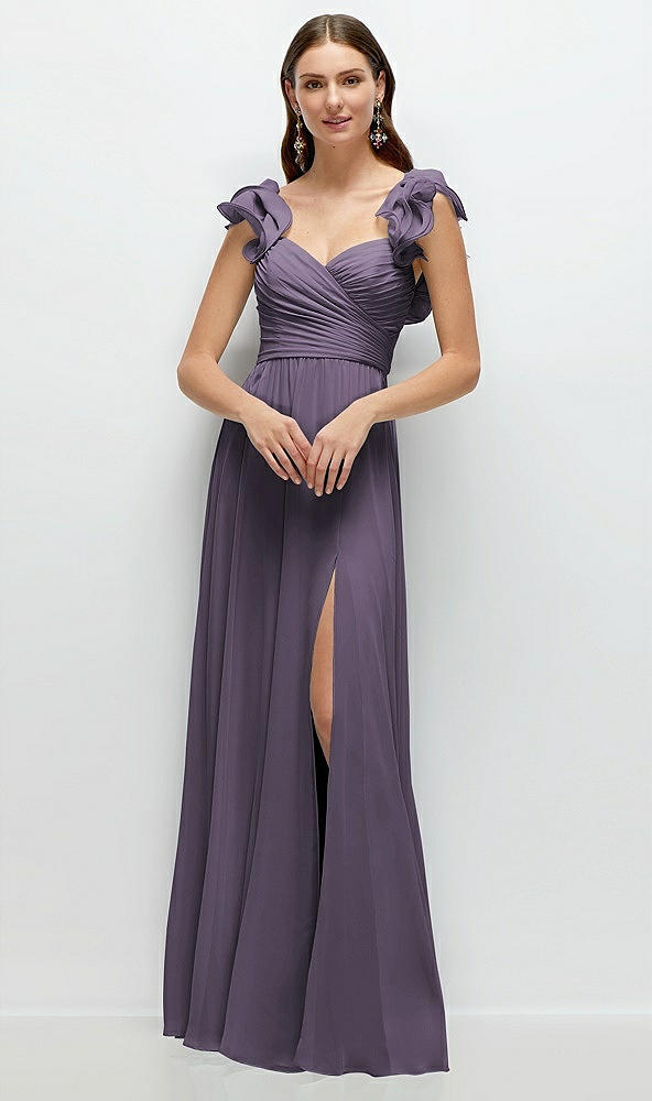 Front View - Lavender Dramatic Ruffle Edge Strap Chiffon Maxi Dress