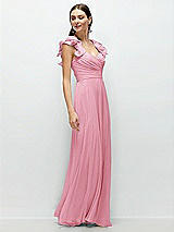 Side View Thumbnail - Peony Pink Dramatic Ruffle Edge Strap Chiffon Maxi Dress