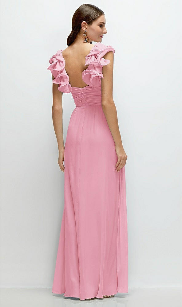 Back View - Peony Pink Dramatic Ruffle Edge Strap Chiffon Maxi Dress