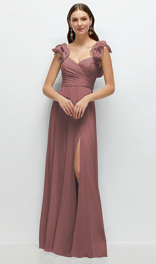 Front View - Rosewood Dramatic Ruffle Edge Strap Chiffon Maxi Dress