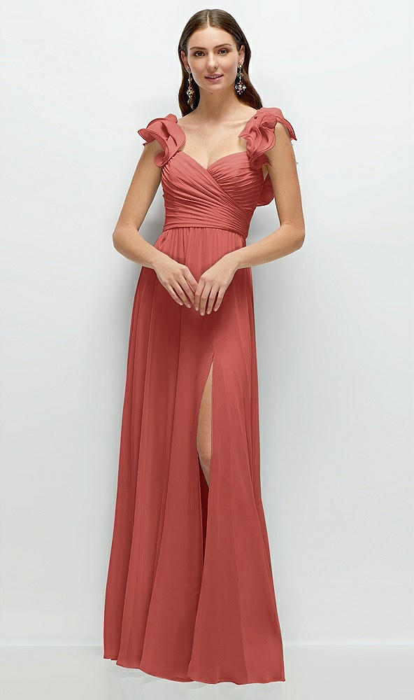 Front View - Coral Pink Dramatic Ruffle Edge Strap Chiffon Maxi Dress