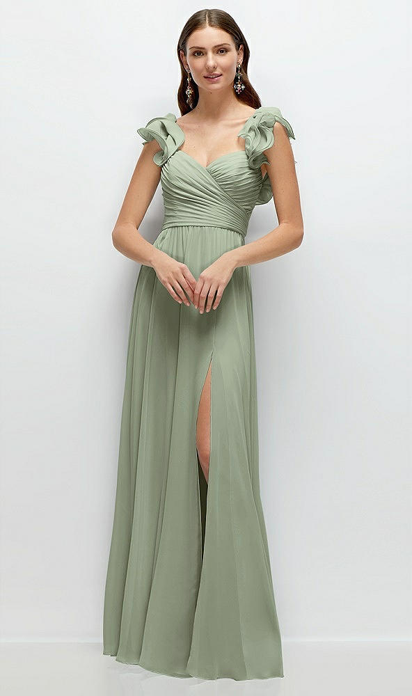 Front View - Sage Dramatic Ruffle Edge Strap Chiffon Maxi Dress