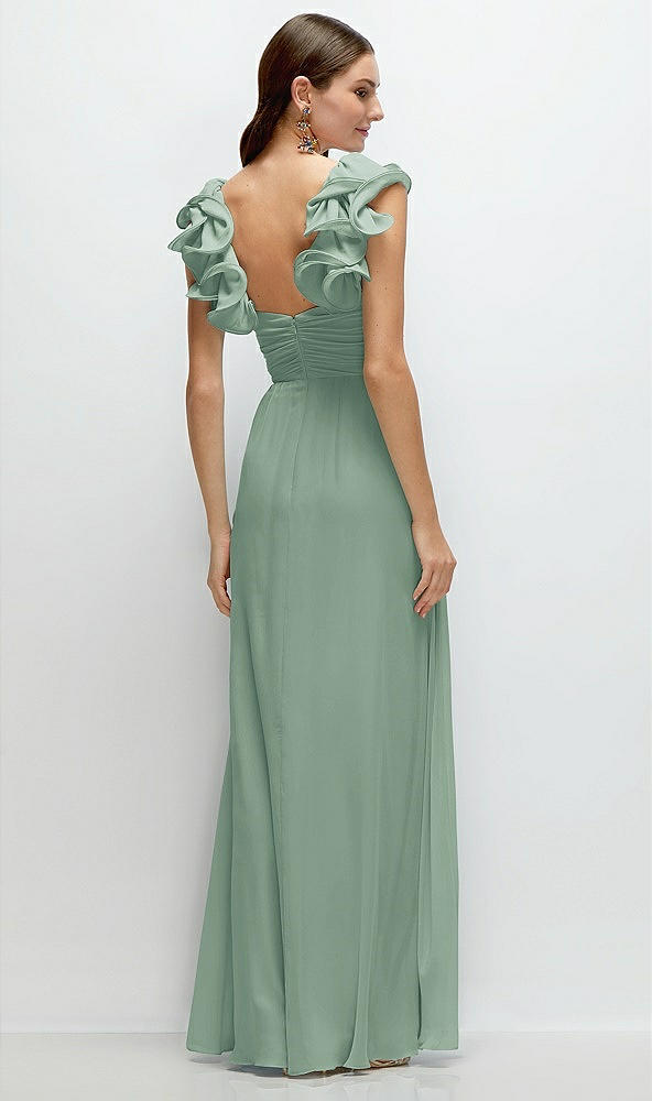 Back View - Seagrass Dramatic Ruffle Edge Strap Chiffon Maxi Dress