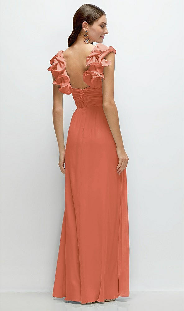 Back View - Terracotta Copper Dramatic Ruffle Edge Strap Chiffon Maxi Dress