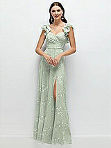 Front View Thumbnail - Vintage Primrose Sage Dramatic Ruffle Edge Strap Chiffon Maxi Dress