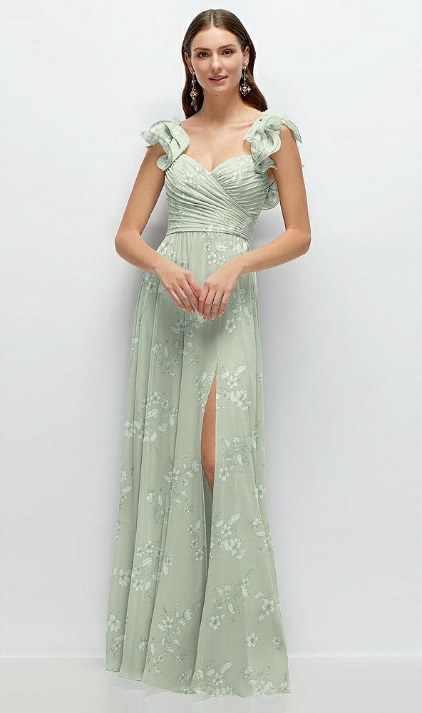 Front View - Vintage Primrose Sage Dramatic Ruffle Edge Strap Chiffon Maxi Dress