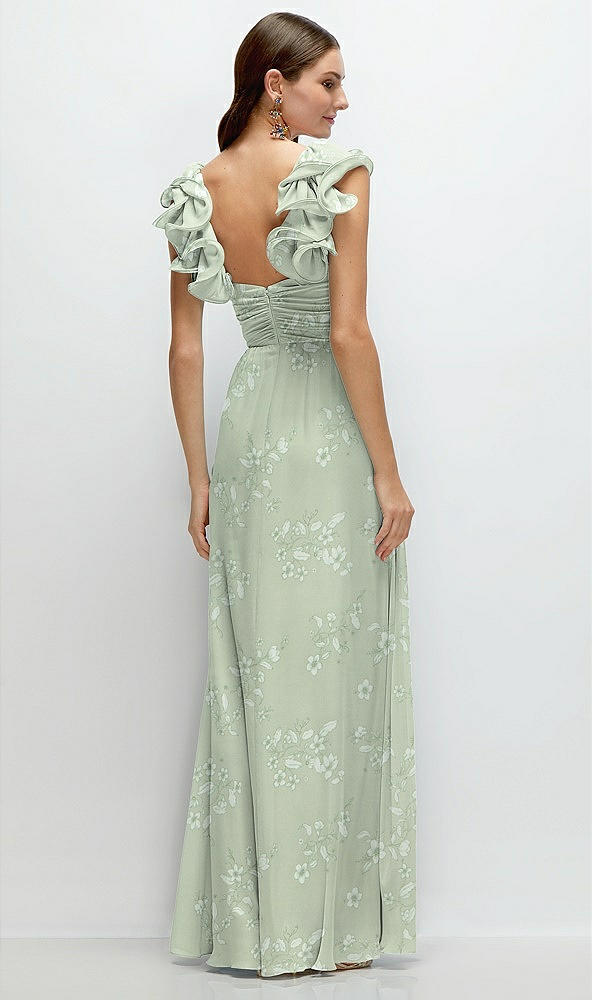 Back View - Vintage Primrose Sage Dramatic Ruffle Edge Strap Chiffon Maxi Dress