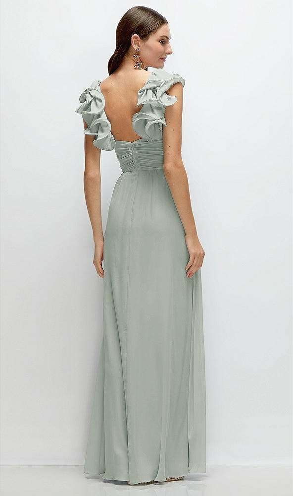 Back View - Willow Green Dramatic Ruffle Edge Strap Chiffon Maxi Dress