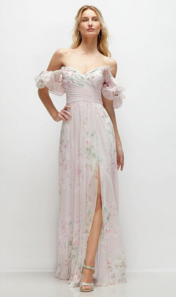 Front View - Watercolor Print Dramatic Ruffle Edge Strap Chiffon Maxi Dress