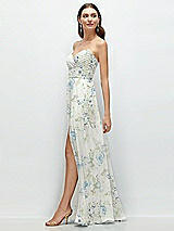 Side View Thumbnail - Bleu Garden Strapless Pleated Surplice Chiffon Maxi Dress with A-Line Skirt