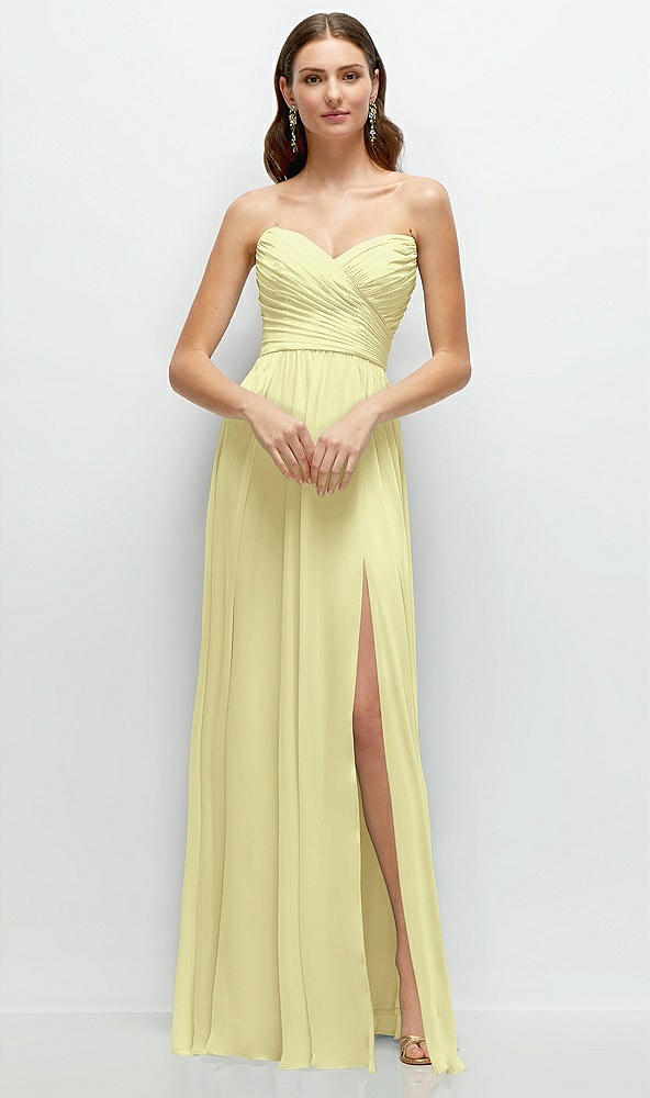 Front View - Butter Yellow Strapless Pleated Surplice Chiffon Maxi Dress with A-Line Skirt