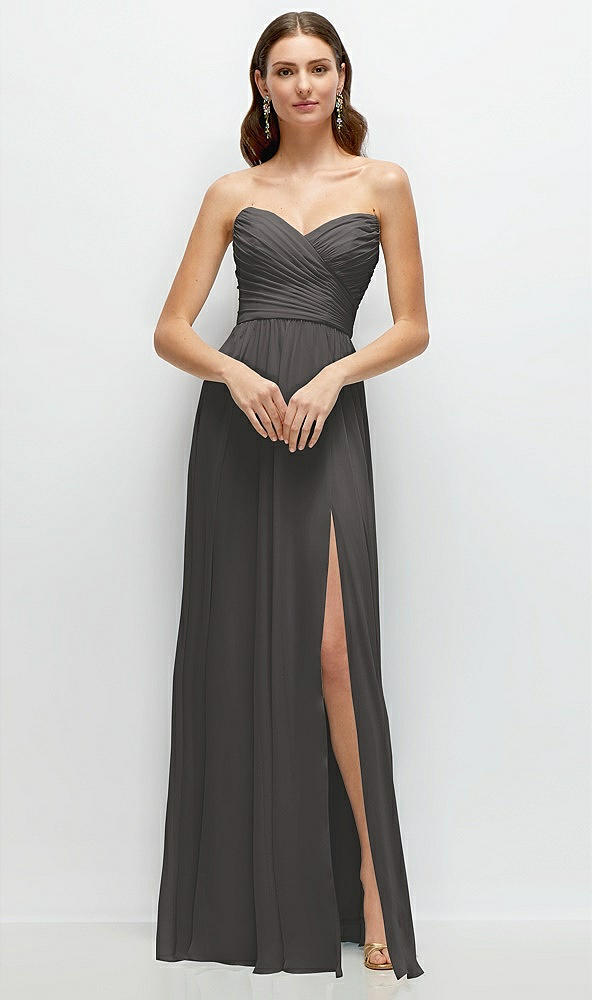 Front View - Caviar Gray Strapless Pleated Surplice Chiffon Maxi Dress with A-Line Skirt