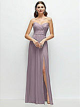 Front View Thumbnail - Lilac Dusk Strapless Pleated Surplice Chiffon Maxi Dress with A-Line Skirt