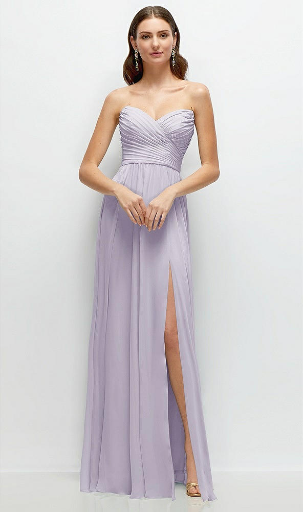 Front View - Moondance Strapless Pleated Surplice Chiffon Maxi Dress with A-Line Skirt