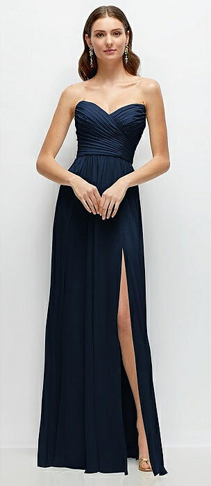 Strapless Pleated Surplice Chiffon Maxi Dress with A-Line Skirt