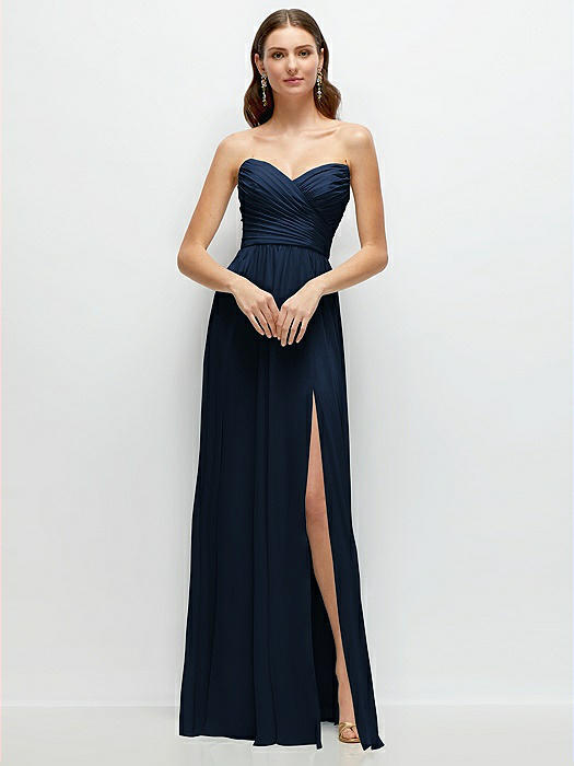 Strapless Pleated Surplice Chiffon Maxi Dress with A-Line Skirt