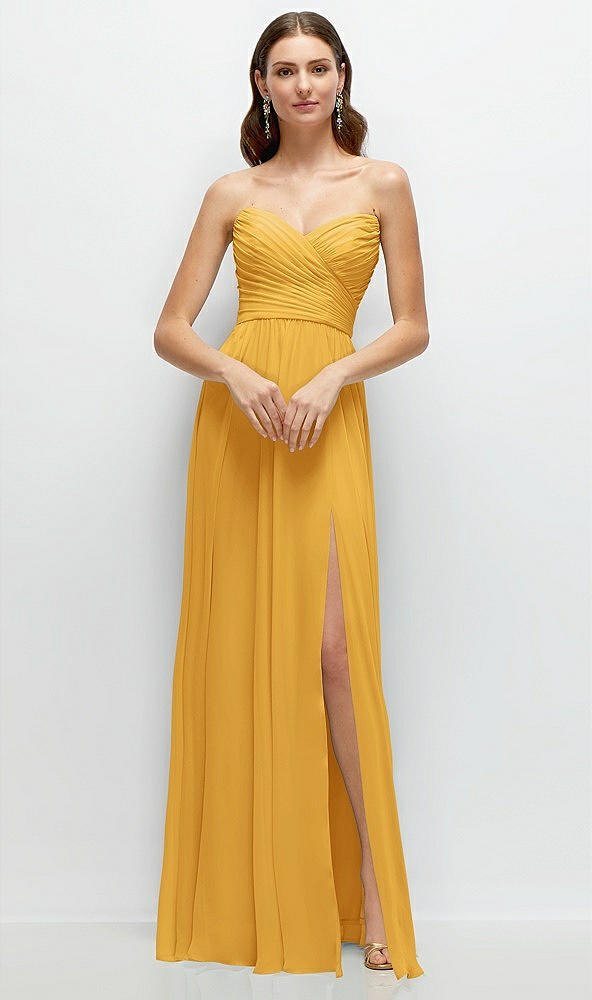 Front View - NYC Yellow Strapless Pleated Surplice Chiffon Maxi Dress with A-Line Skirt