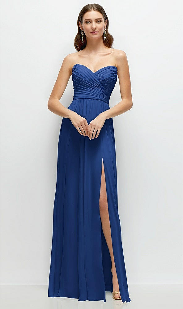 Front View - Classic Blue Strapless Pleated Surplice Chiffon Maxi Dress with A-Line Skirt