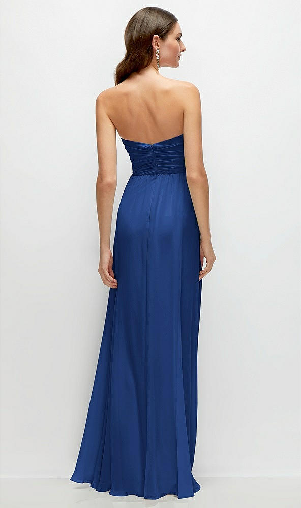 Back View - Classic Blue Strapless Pleated Surplice Chiffon Maxi Dress with A-Line Skirt