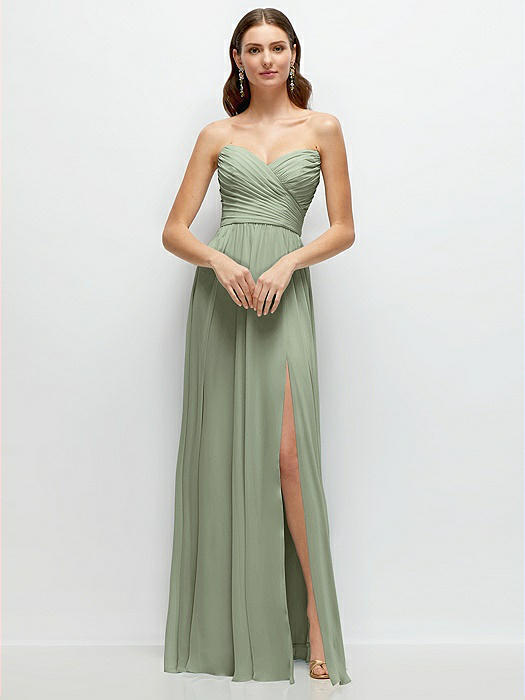 Strapless Pleated Surplice Chiffon Maxi Dress with A-Line Skirt