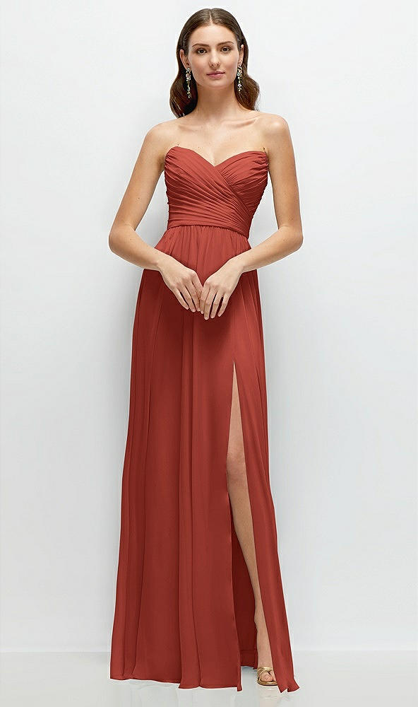 Front View - Amber Sunset Strapless Pleated Surplice Chiffon Maxi Dress with A-Line Skirt