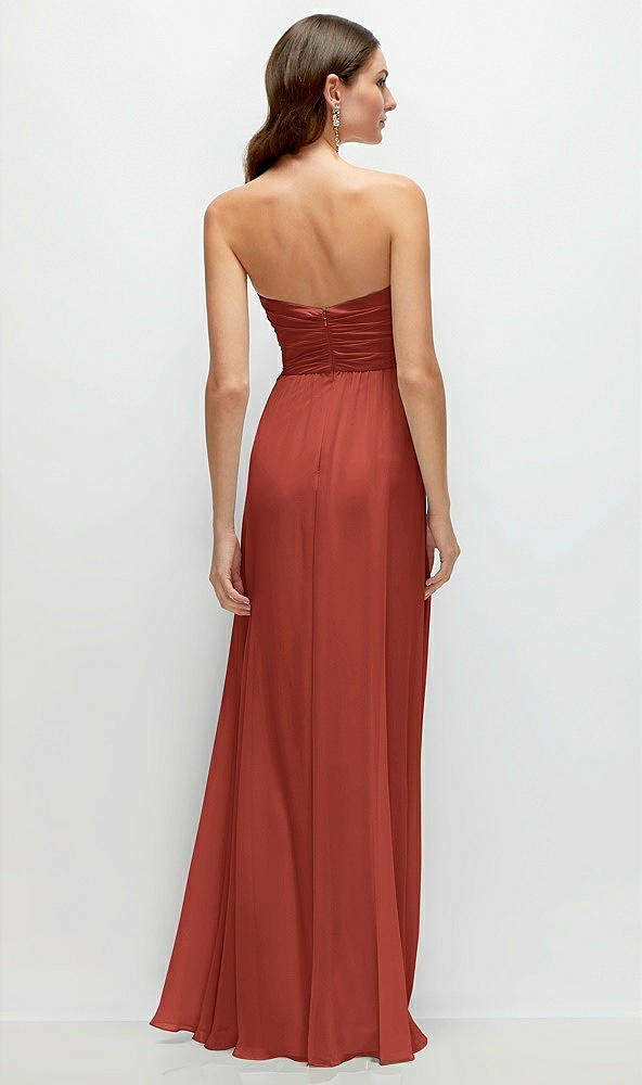 Back View - Amber Sunset Strapless Pleated Surplice Chiffon Maxi Dress with A-Line Skirt