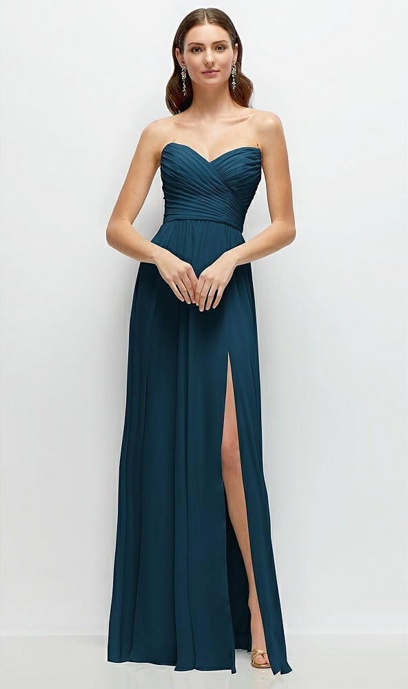 Front View - Atlantic Blue Strapless Pleated Surplice Chiffon Maxi Dress with A-Line Skirt