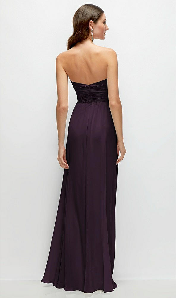 Back View - Aubergine Strapless Pleated Surplice Chiffon Maxi Dress with A-Line Skirt