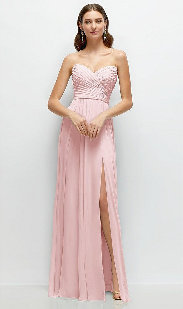 Front View - Ballet Pink Strapless Pleated Surplice Chiffon Maxi Dress with A-Line Skirt