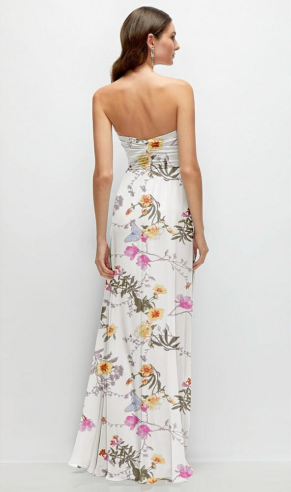 Back View - Butterfly Botanica Ivory Strapless Pleated Surplice Chiffon Maxi Dress with A-Line Skirt