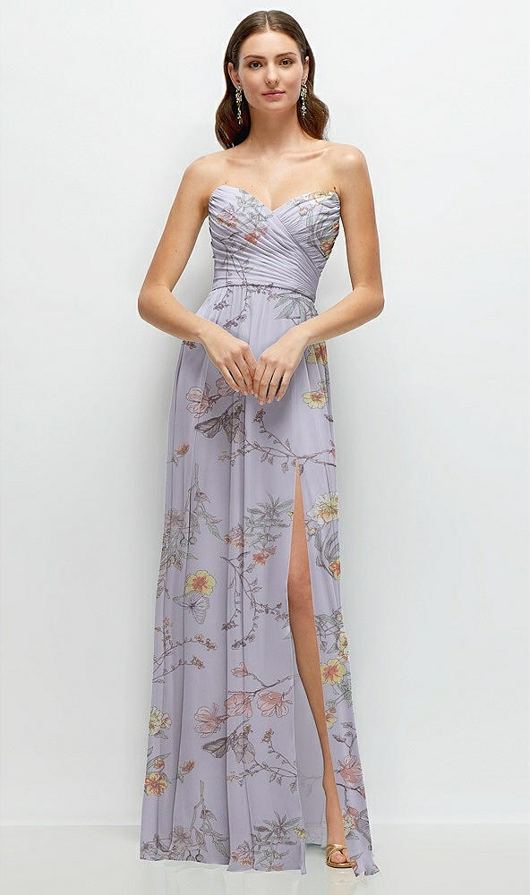 Front View - Butterfly Botanica Silver Dove Strapless Pleated Surplice Chiffon Maxi Dress with A-Line Skirt