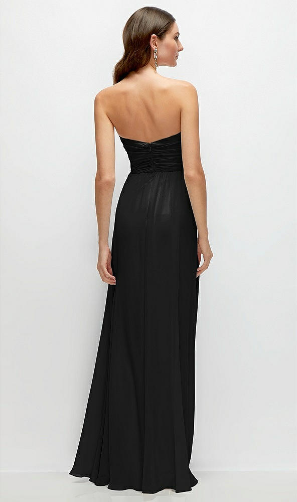 Back View - Black Strapless Pleated Surplice Chiffon Maxi Dress with A-Line Skirt