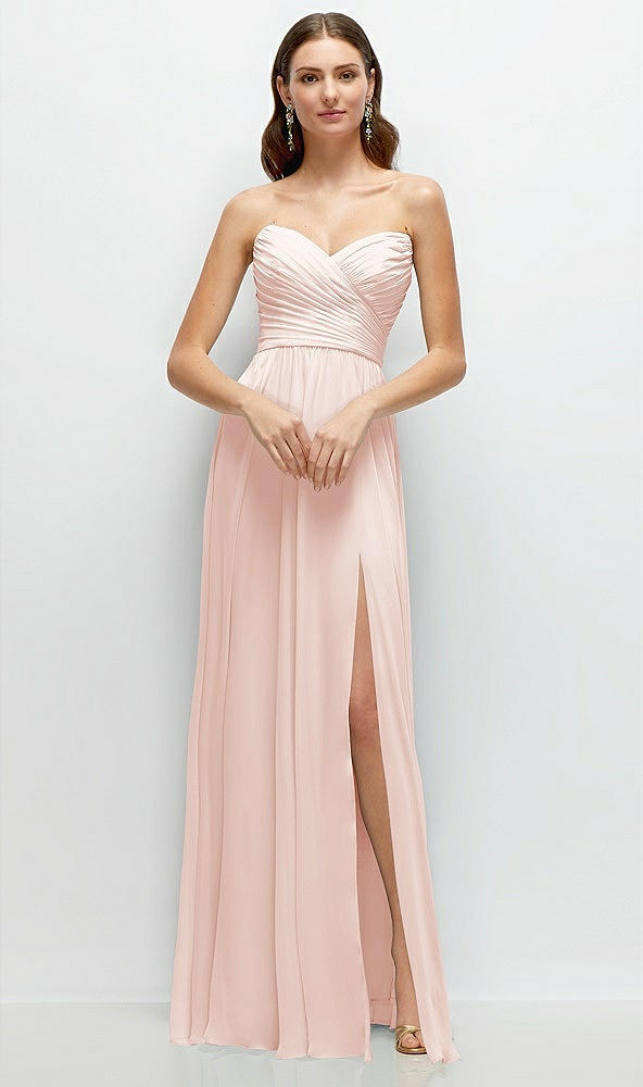 Front View - Blush Strapless Pleated Surplice Chiffon Maxi Dress with A-Line Skirt