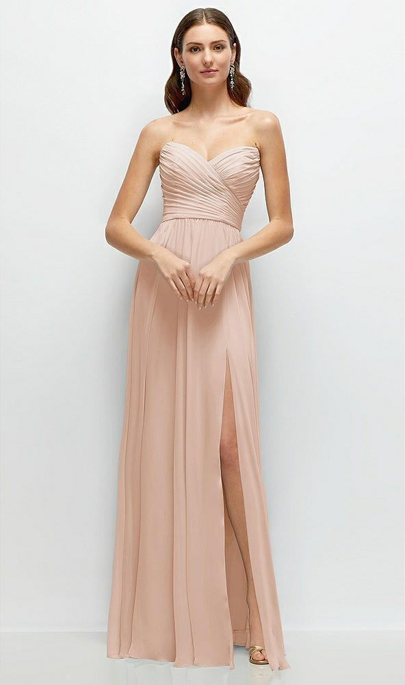 Front View - Cameo Strapless Pleated Surplice Chiffon Maxi Dress with A-Line Skirt