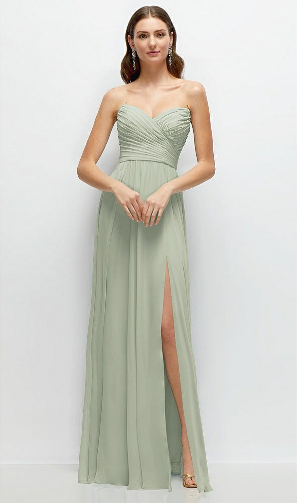 Front View - Celadon Strapless Pleated Surplice Chiffon Maxi Dress with A-Line Skirt