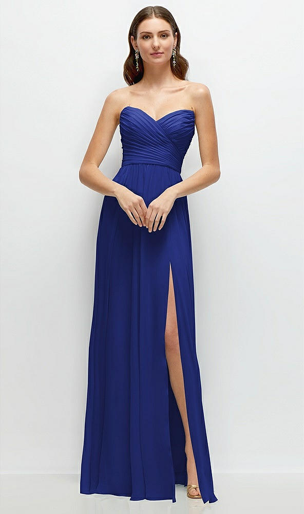 Front View - Cobalt Blue Strapless Pleated Surplice Chiffon Maxi Dress with A-Line Skirt