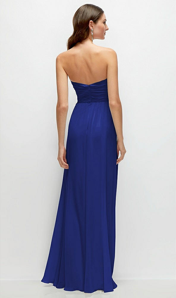 Back View - Cobalt Blue Strapless Pleated Surplice Chiffon Maxi Dress with A-Line Skirt