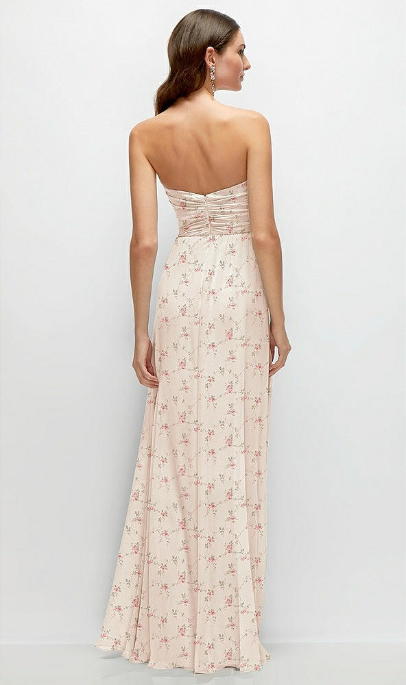 Back View - Coquette Floral Print Strapless Pleated Surplice Chiffon Maxi Dress with A-Line Skirt