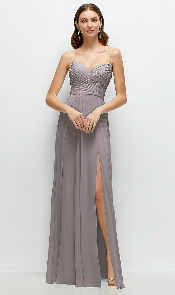 Front View - Cashmere Gray Strapless Pleated Surplice Chiffon Maxi Dress with A-Line Skirt