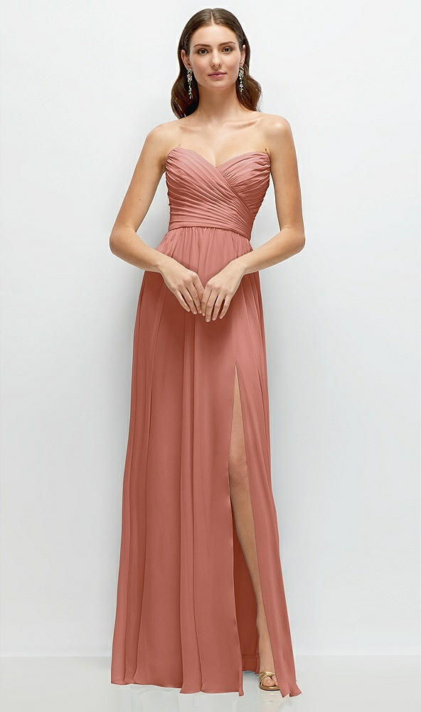 Front View - Desert Rose Strapless Pleated Surplice Chiffon Maxi Dress with A-Line Skirt