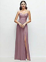 Front View Thumbnail - Dusty Rose Strapless Pleated Surplice Chiffon Maxi Dress with A-Line Skirt