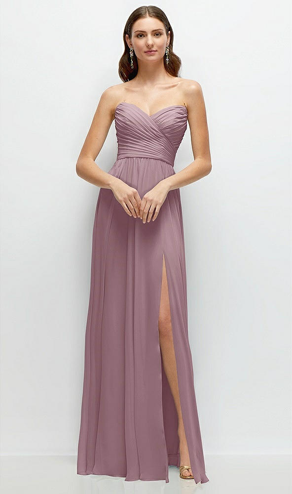 Front View - Dusty Rose Strapless Pleated Surplice Chiffon Maxi Dress with A-Line Skirt