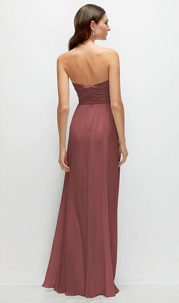 Back View - English Rose Strapless Pleated Surplice Chiffon Maxi Dress with A-Line Skirt