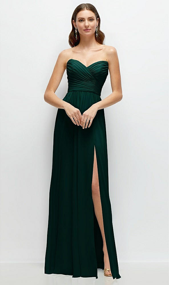 Front View - Evergreen Strapless Pleated Surplice Chiffon Maxi Dress with A-Line Skirt