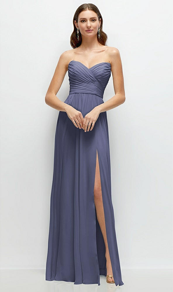 Front View - French Blue Strapless Pleated Surplice Chiffon Maxi Dress with A-Line Skirt