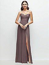 Front View Thumbnail - French Truffle Strapless Pleated Surplice Chiffon Maxi Dress with A-Line Skirt