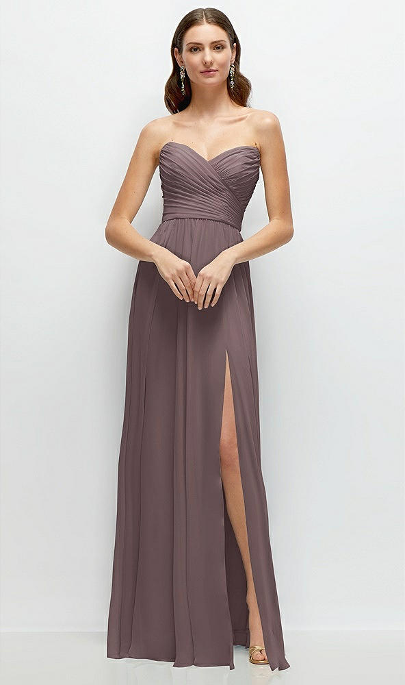 Front View - French Truffle Strapless Pleated Surplice Chiffon Maxi Dress with A-Line Skirt