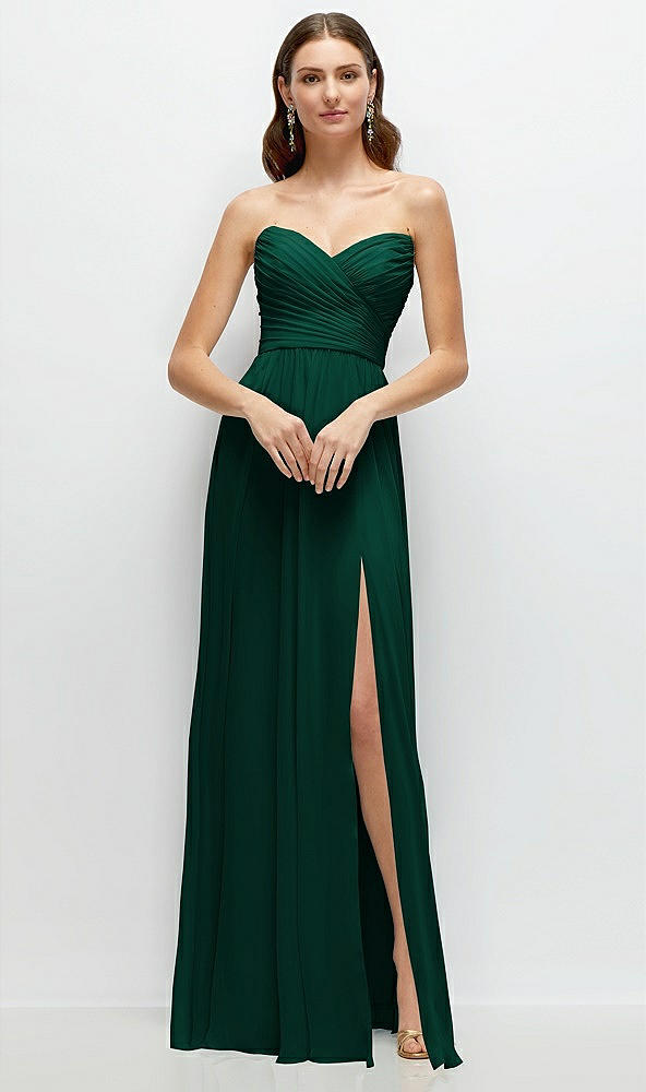 Front View - Hunter Green Strapless Pleated Surplice Chiffon Maxi Dress with A-Line Skirt